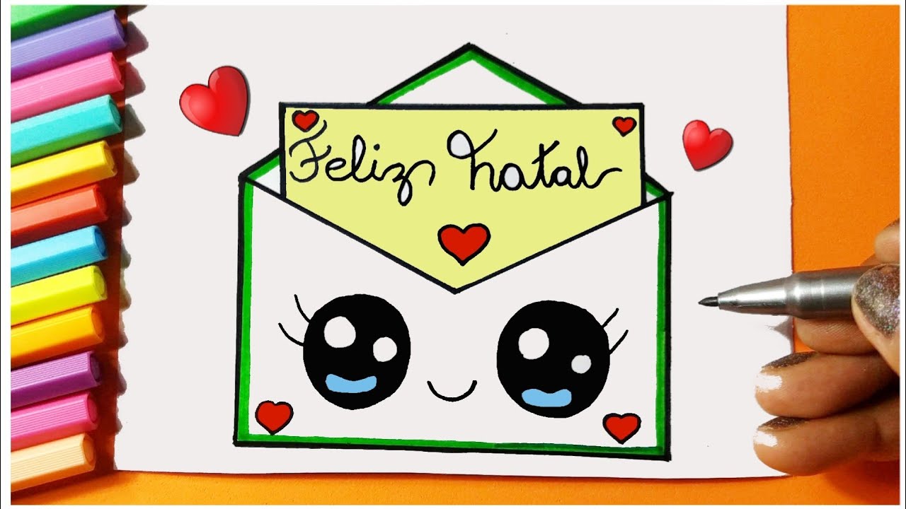 Como desenhar cartão de Natal fofo Carta Kawaii cartinha ❤ Desenhos de Natal Desenhos para Desenhar