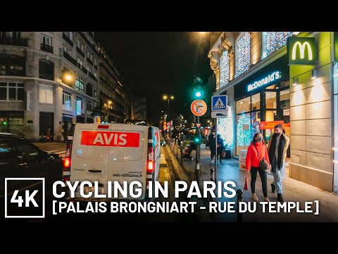 CYCLING IN PARIS at NIGHT (4K)(POV)(Palais Brongniart - Rue du Temple)