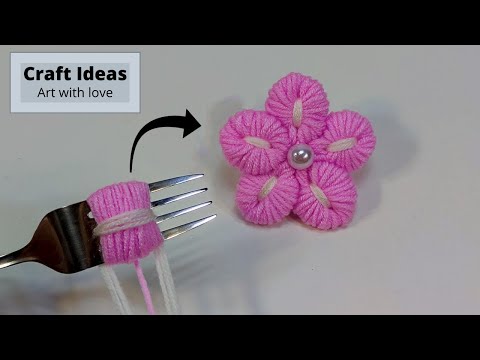 Super Easy Woolen Flower Making Trick Using Fork  Hand Embroidery Amazing Flower Design  Sewing Hack
