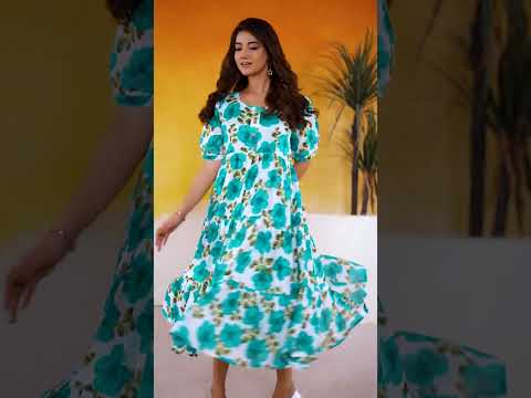 Firozi Vichitra Silk Floral Print Frock with 5-Meter Flair