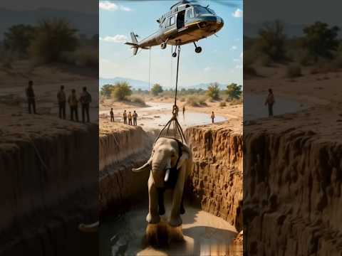 Helicopter rescue giant elephant from the muddy water pitt  #elephant #humanity #rescue #helicopter