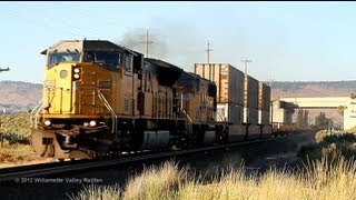 preview picture of video 'UP 8169 leads a (mostly) baretable train south at Klamath Falls, Oregon 8-3-2012'