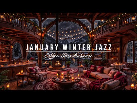Snowy Winter Night at Cozy Coffee Shop Ambience⛄Calm January Jazz Music & Fireplace Sounds for Relax