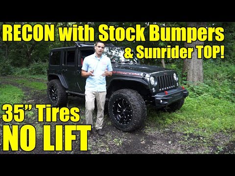 35" Tires, NO LIFT! Stock bumpers on this 2017 Wrangler Rubicon Recon and the new Sunrider Soft Top!