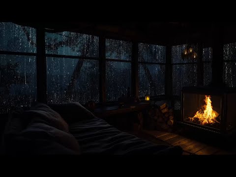Rainy Night Cabin Ambience with Fireplace | Cozy Cabin Rain Sounds for Sleeping well