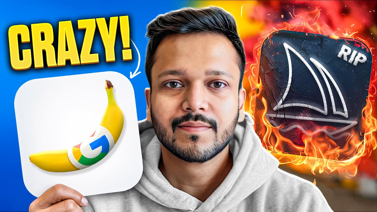 Google's Nano Banana app icon compared with a flaming Midjourney icon symbolizing competition and transition.