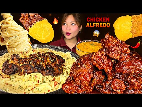 Spicy Honey Combo Chicken🔥With Creamy Chicken Alfredo | ASKR MUKBANG |