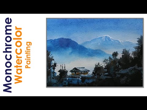 Monochrome Watercolor Painting - Time-lapse demo video - Winter Landscape