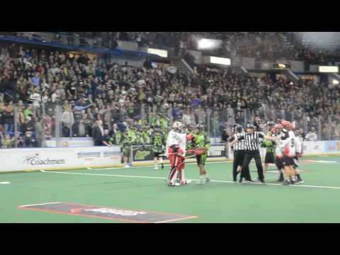 Sask. Rush vs Calgary Roughnecks NLL Line Brawl with goalie fight