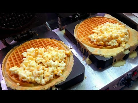 Cheese waffle, Ice cream waffle with Nutella whipped cream - Korean street food ,요미야미