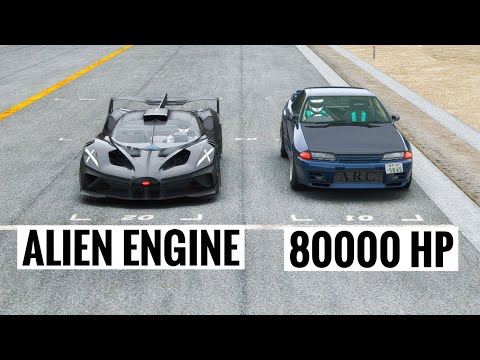 80,000HP Nissan Skyline R32 GT-R vs Bugatti Bolide 90000 HP (Alien Engine)