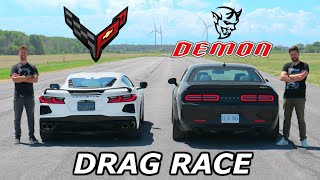 Download the video "2020 C8 Corvette vs Dodge Demon // DRAG & ROLL RACE"