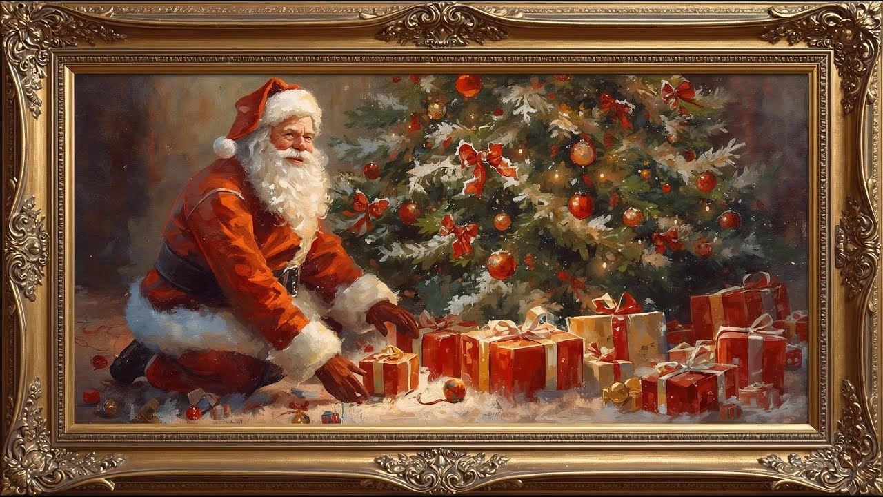 Vintage Gold Frame Santa Portrait Painting | Christmas 1HR 4K Holiday Screensaver | Framed TV Art