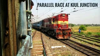 preview picture of video 'Parallel Departure From Kiul Junction : Upasna Express Vs Danapur-Sahebganj Intercity Express'