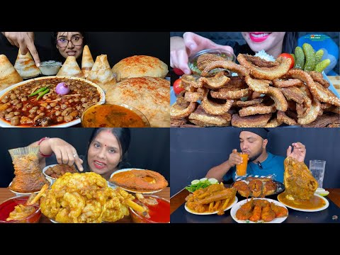 STREET FOOD CHALLENGE, EATING CHOLE POORI, MUTTON FAT CURRY, FISH CURRY,PRAWN CURRY,ASMR EATING SHOW