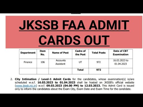 JKSSB FAA ADMIT CARDS NOTICE OUT || Official Update || @CareerSuccessjandK