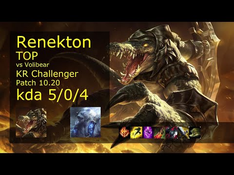 Renekton vs Volibear Top - KR Challenger 5/0/4 Patch 10.20 Gameplay // [롤] 레넥톤 vs 볼리베어 탑