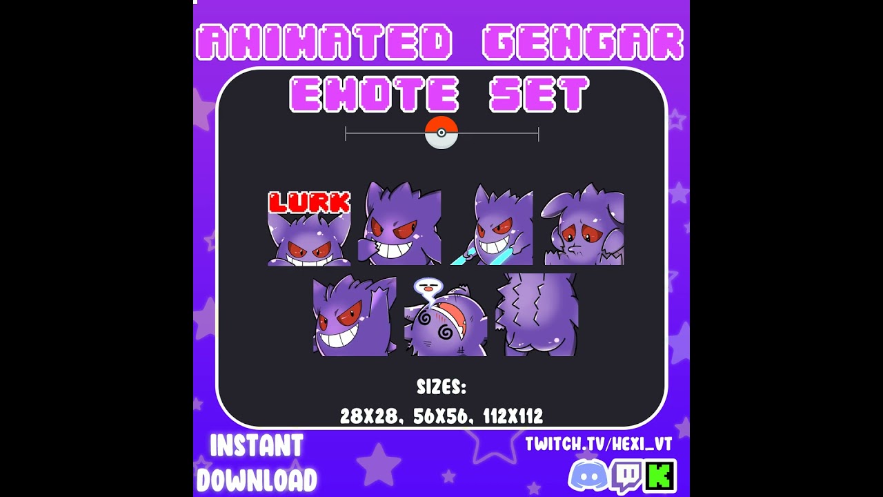 x7 Animated Gengar Emote Set for Twitch/Discord & Kick Streaming | Pokemon Cute Animated Emotes