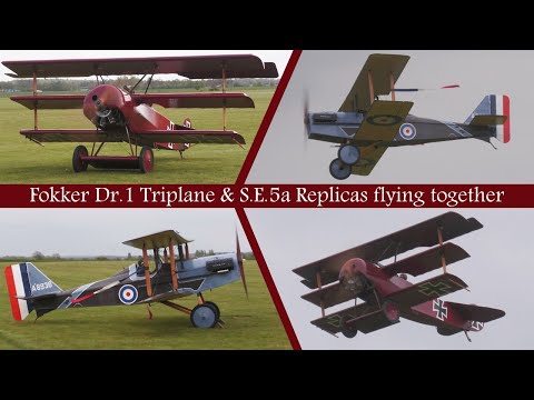[4K] Fokker Dr.1 Triplane & S.E.5a replica aircraft flying together!