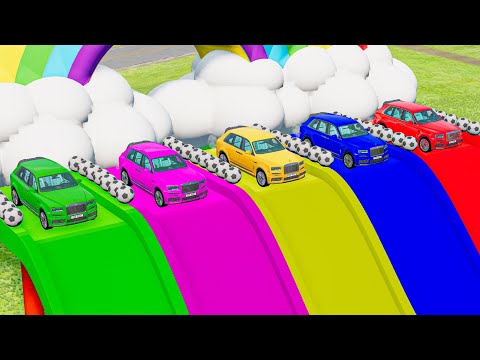 Funny Cars vs Slide Color with Car vs Deep Water - Big & Small Cars vs Trains and Rails - BeamNG #2