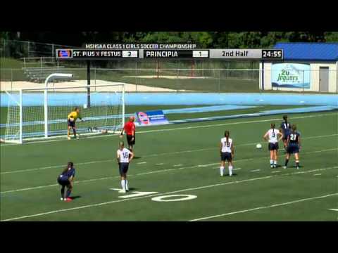 Haylee Eastridge of St. Pius X Festus scores a goal in the MSHSAA girls class 1 championship