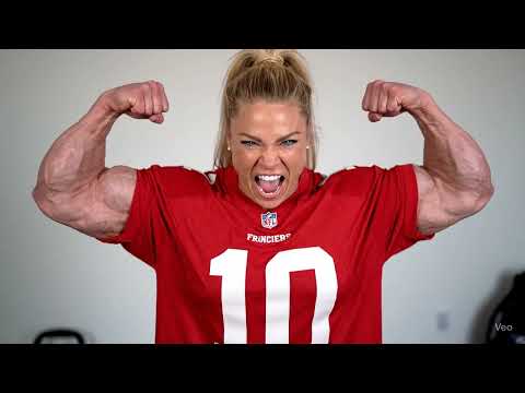 Female Bodybuilder Bodybuilder Flexes Rips Jersey Sleeve