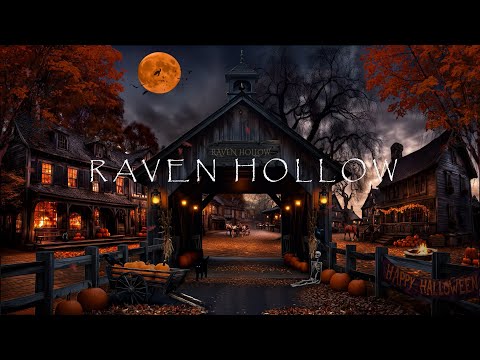 🕯️RAVEN HOLLOW-OLD SALEM TOWN🍁HALLOWEEN NIGHT AMBIENCE🎃FLYING BATS🦇CRACKLING BONFIRE🔥HARVEST MOON🌙