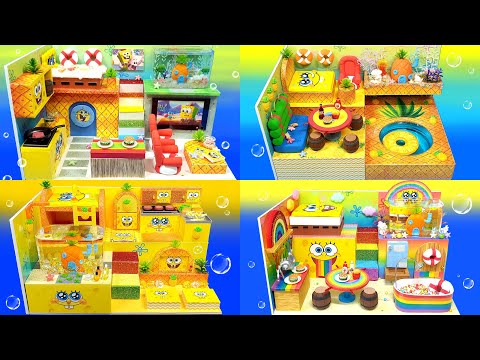 4 DIY Miniature Spongebob Board House🍍🍔🍟🌈💖How to make 4 versions Spongebob house♥Rainbow♥Pineapple~