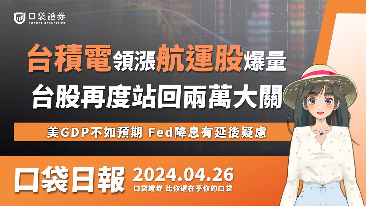 【口袋日報】台積電領漲、航運股爆量,台股再度站回兩萬點大關!美GDP不如預期,Fed降息有延後疑慮! 2024.04.26