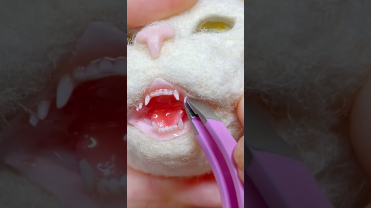 羊毛フェルト猫　歯を入れる