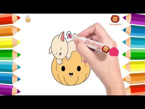 Dessin Halloween : dessiner colorier un chat sur une citrouille pour Halloween 🎃