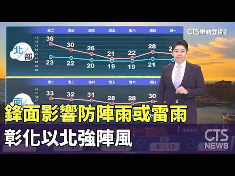 鋒面影響防陣雨或雷雨　彰化以北強陣風