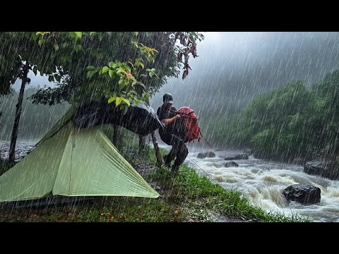 BEST SOLO CAMPING IN HEAVY RAINSTORM & THUNDERSTORMS, LONG HEAVY RAIN AT NIGHT