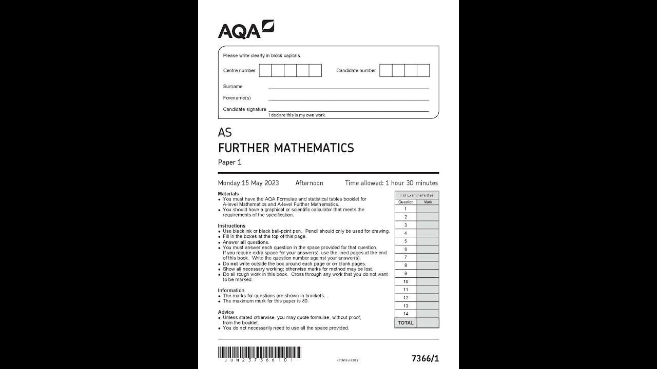 AQA As Further MathemATIcs Paper 1 May 2023 Question Paper 7366 1