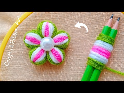 It's so Beautiful 💖🌟 Super Easy Woolen Flower Making Idea with Pencil - DIY Hand Embroidery Flowers