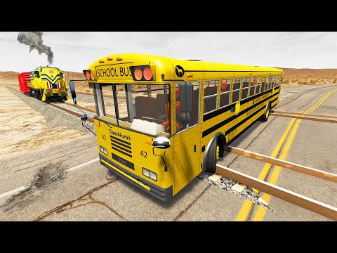 School bus vs Rails and train-BeamNG.Drive