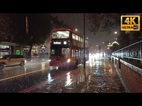 Walking In Heavy Rain At Night - Central London Back Streets [4K Ultra HD]