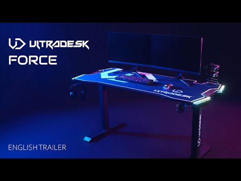 Žaidimų stalas Ultradesk Force Gaming Desk, LED RGB Prismatic, Baltas su juodu kilimėliu video