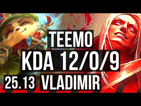 TEEMO vs VLADIMIR (TOP) | 12/0/9, Legendary | KR Master | 25.13
