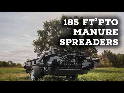 "185 FT PTO Driven Manure Spreader" text is displayed while a PTO manure spreader is being shown on grass.