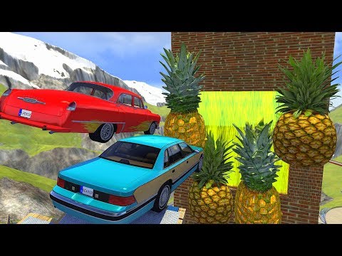 Crazy Vehicle High Speed Jumping through Pineapple Juice Wall Crash - BeamNG drive Pineapple Pool