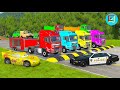 Quadruple Trucks Transporting Cars With Flatbed Trailers Cars Vs Speedbump Vs Train Vs Pothole 26