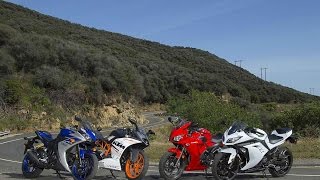 2015 SMALL SPORTBIKE SHOOTOUT | RC390 vs YZF-R3 vs CBR300R vs Ninja 300 | ON TWO WHEELS