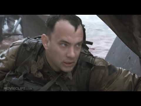Tom Hanks in Saving Private Ryan - storming the beach in during D-Day spinning out in the chaos and stress.