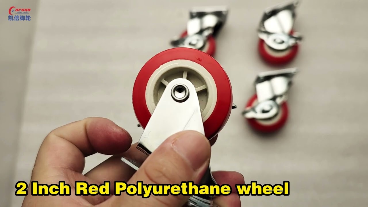 Light Castors 2 Inch Red Polyurethane Swivel Casters Small PU Caster Wheel with Side Brakes