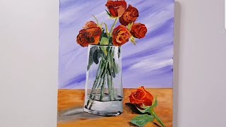 Red roses in the glass vase acrylic painting/rose flowers/ painting tutorial for beginners.