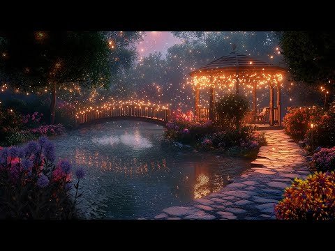 Cozy Enchanted Lake Garden in the  Night - Crickets, Gentle Water, Light Wind Sounds for Relax