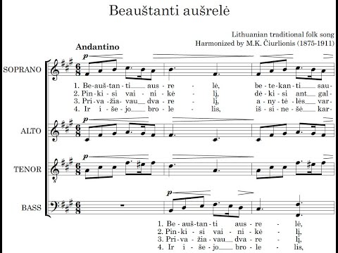 M.K. Čiurlionis - harmonization of Lithuanian folk song "Beauštanti aušrelė" for choir (Score Video)