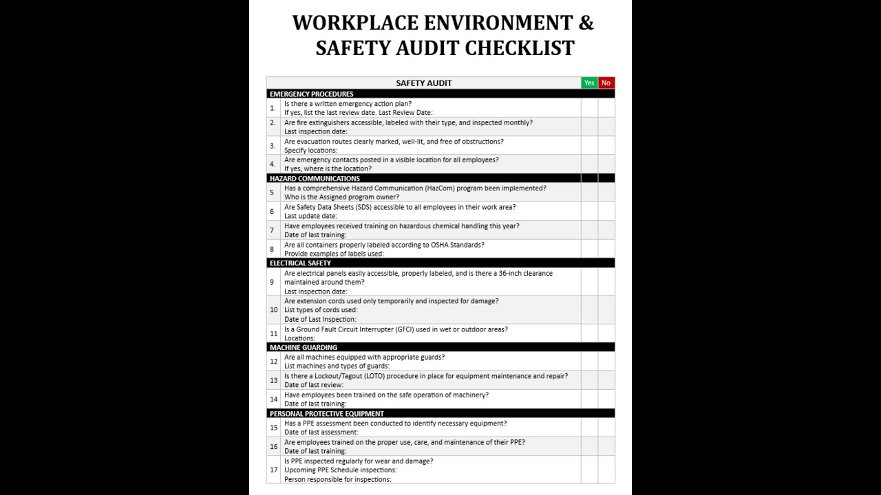 Safety Audit Checklist: Health & Safety Inspection | OSHA Compliance | Training Programs