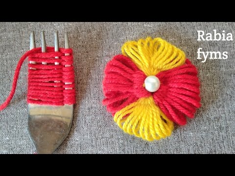 super Easy Woolen Flower crafts Ideas with fork - Hand Embroidery Amazing Trick - DIY Woolen Flower